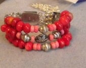 CORAL and Hills Tribe Sterling SILVER tripple Strand Bracelet