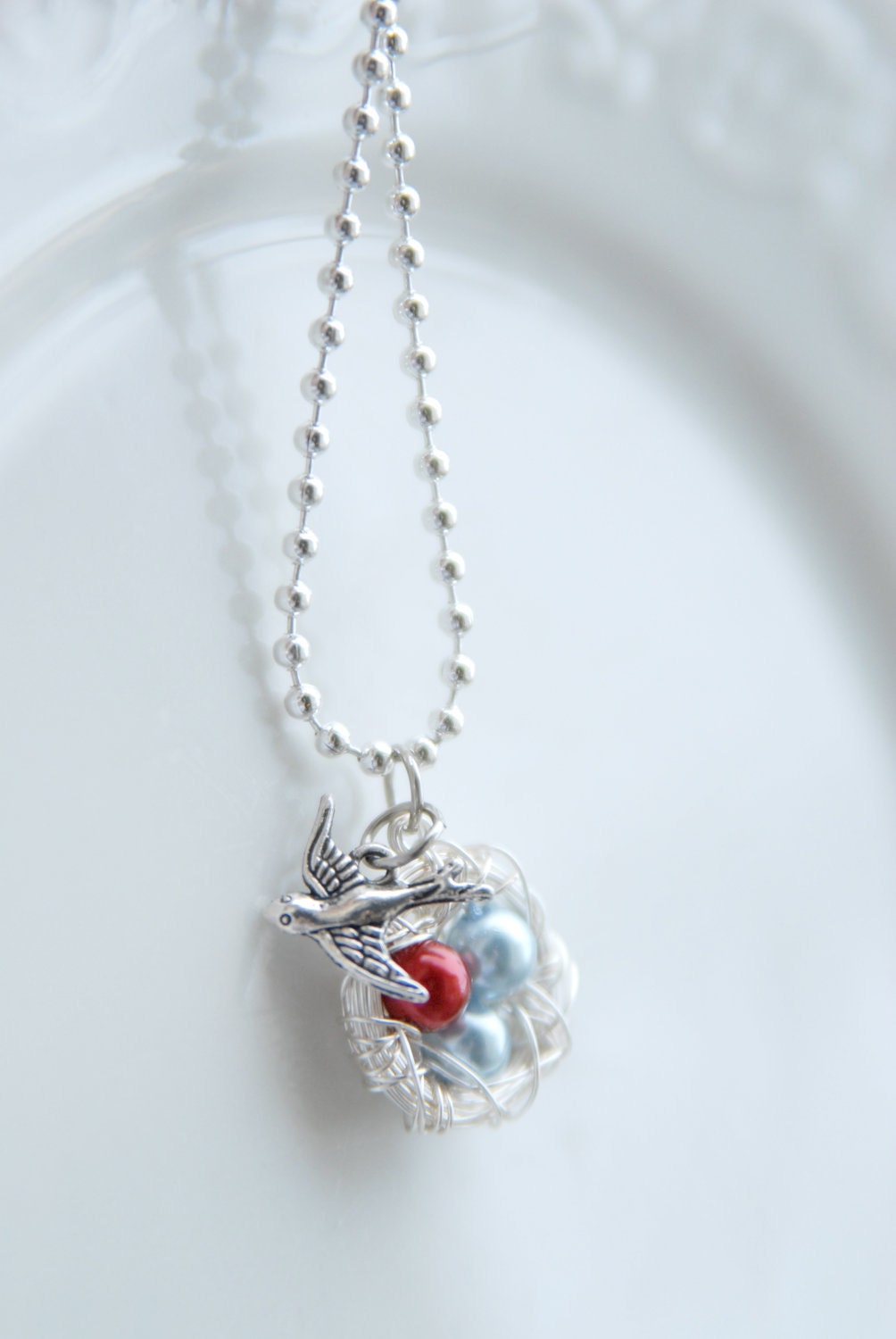 Personalized Mama Bird Wire Nest Necklace in Silver