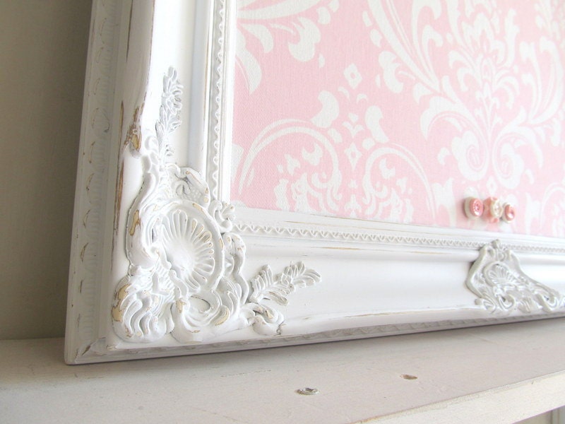 MAGNET BOARD Pink White Damask Wedding Nursery Decor Shabby Chic Framed Bulletin Board Ornate Vintage Distressed Ornate 22inx26in