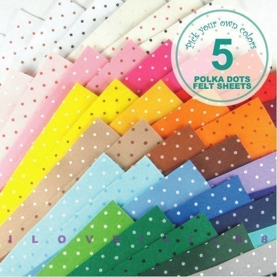 5 Printed Polka Dots Felt Fabric - Pick your own colors