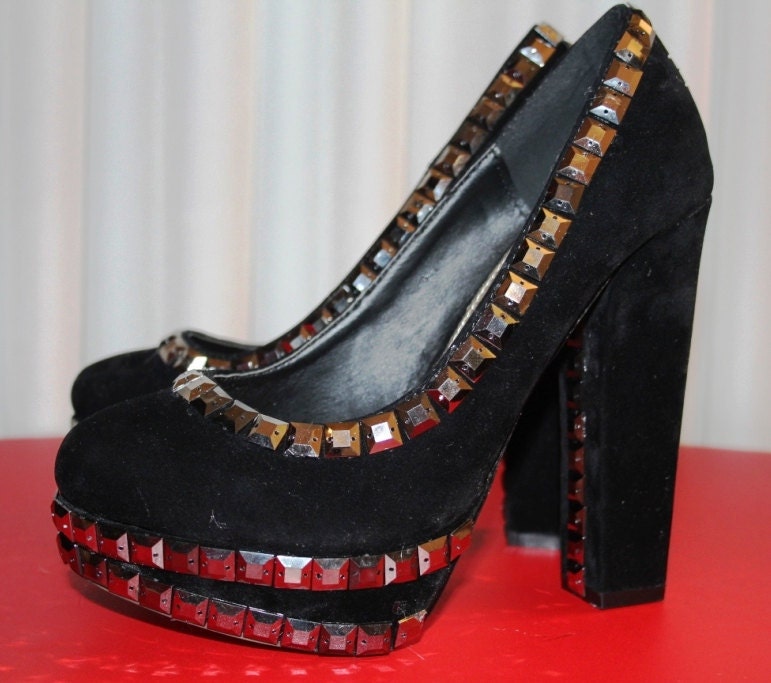 Super Sale Studded Black  Platform High Heels in suede leather ,Customised Shoes, size 9 US / 39 European / 6 UK