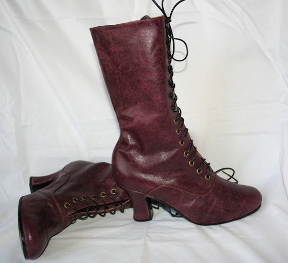 Victorian boots lace up in dark red leather 2 by VictorianBoots