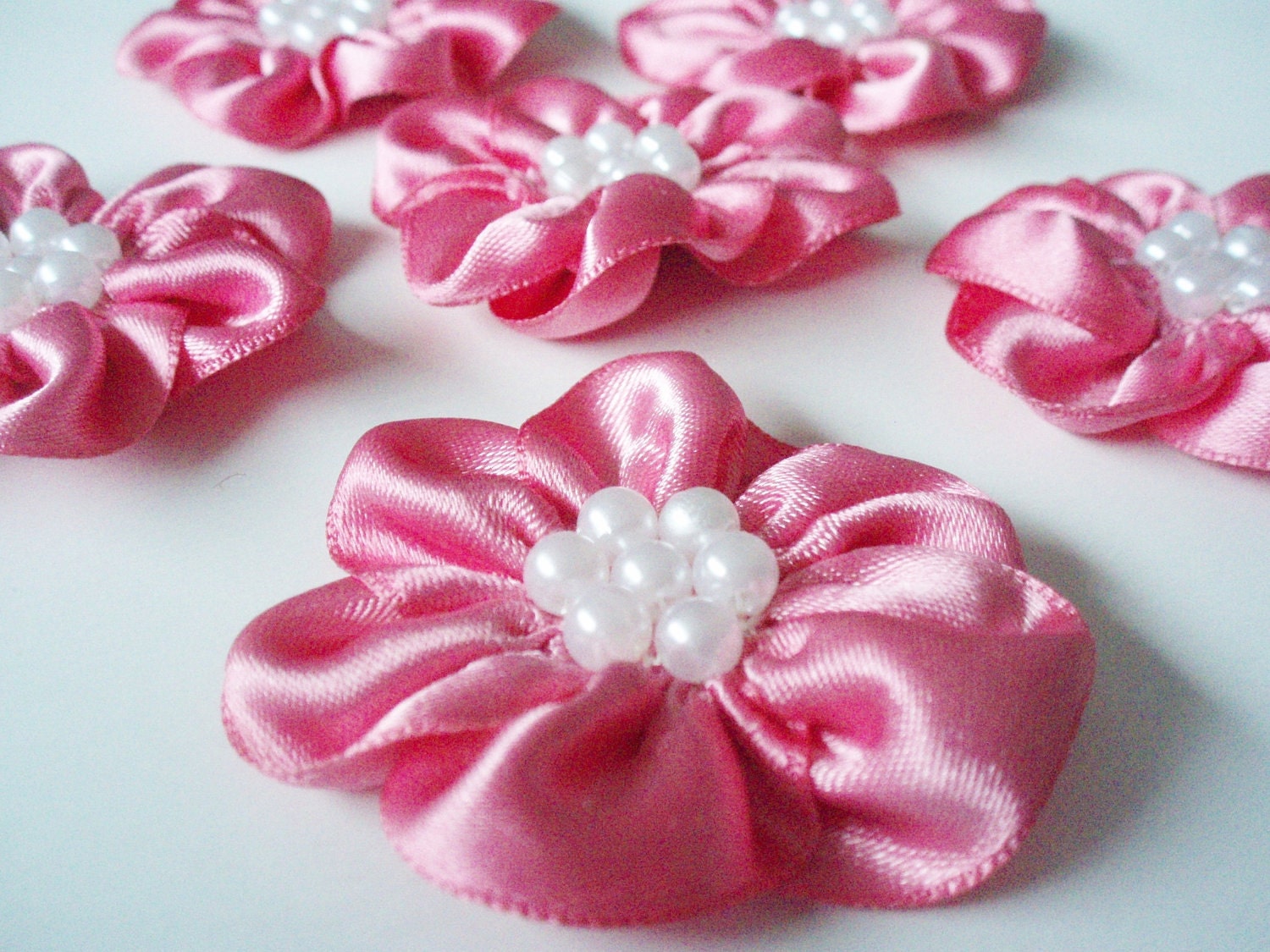 Handmade Pink Ribbon Flower Appliques Embellishments (6pcs)