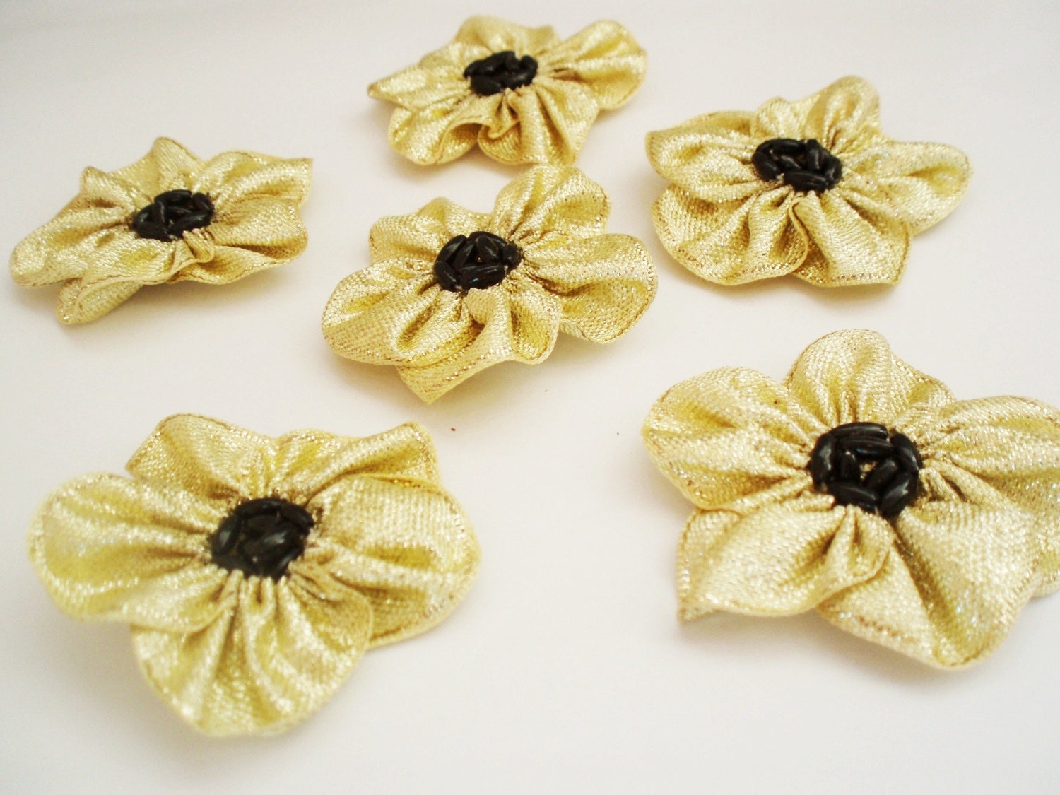 Handmade Golden Ribbon Flower Appliques Embellishments (6pcs)