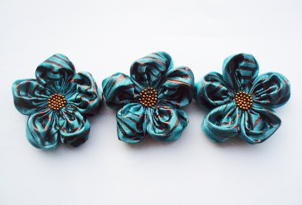 Teal With Copper Stripe Flowers Handmade Appliques Embellishments(3 pcs)