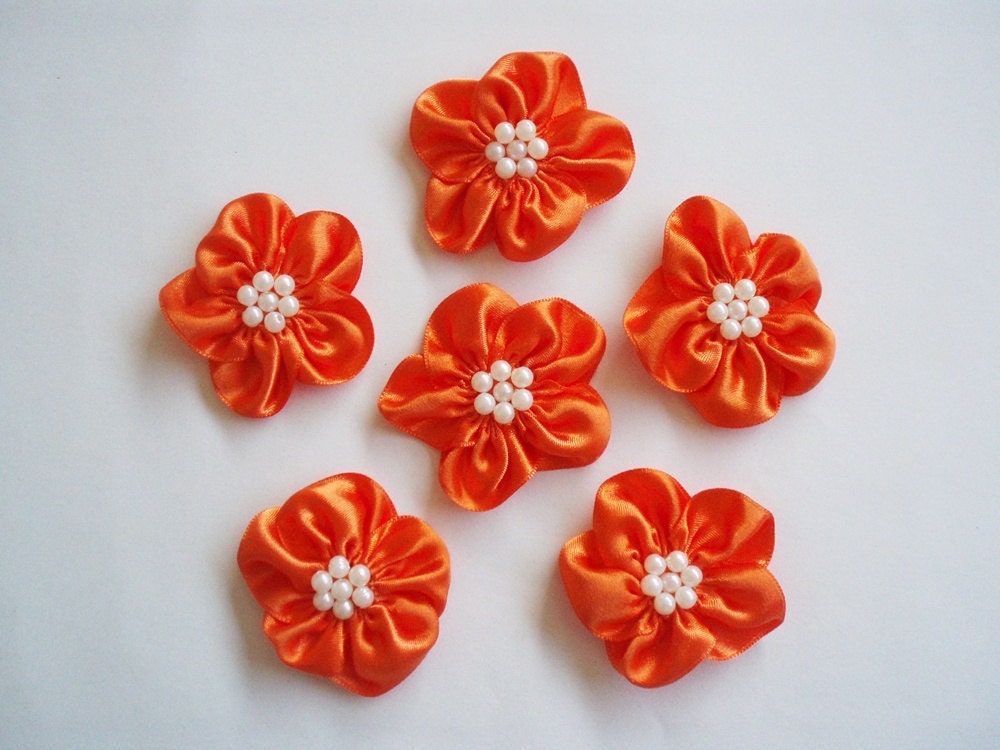 Handmade Orange Medium Ribbon Flower Appliques Embellishments (6pcs)