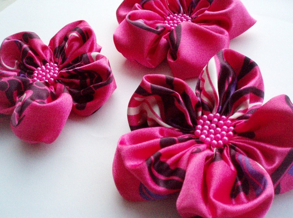 Hot Pink-Purple Flowers Handmade Appliques Embellishments(3 pcs)