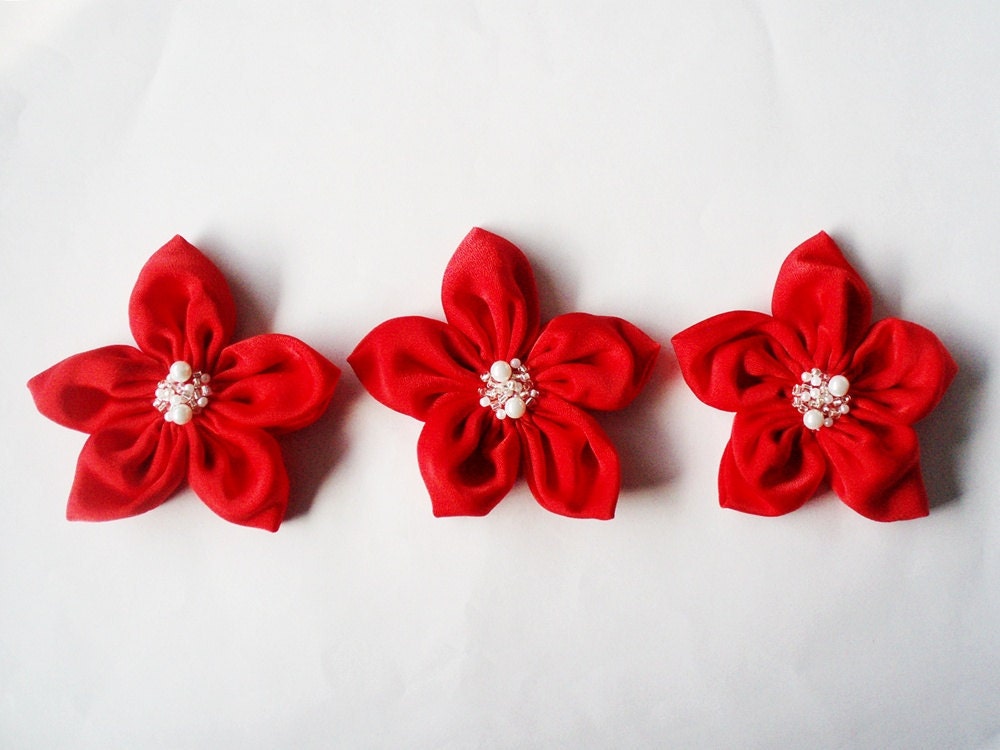 Red Flowers Handmade Appliques Embellishments(3 pcs)