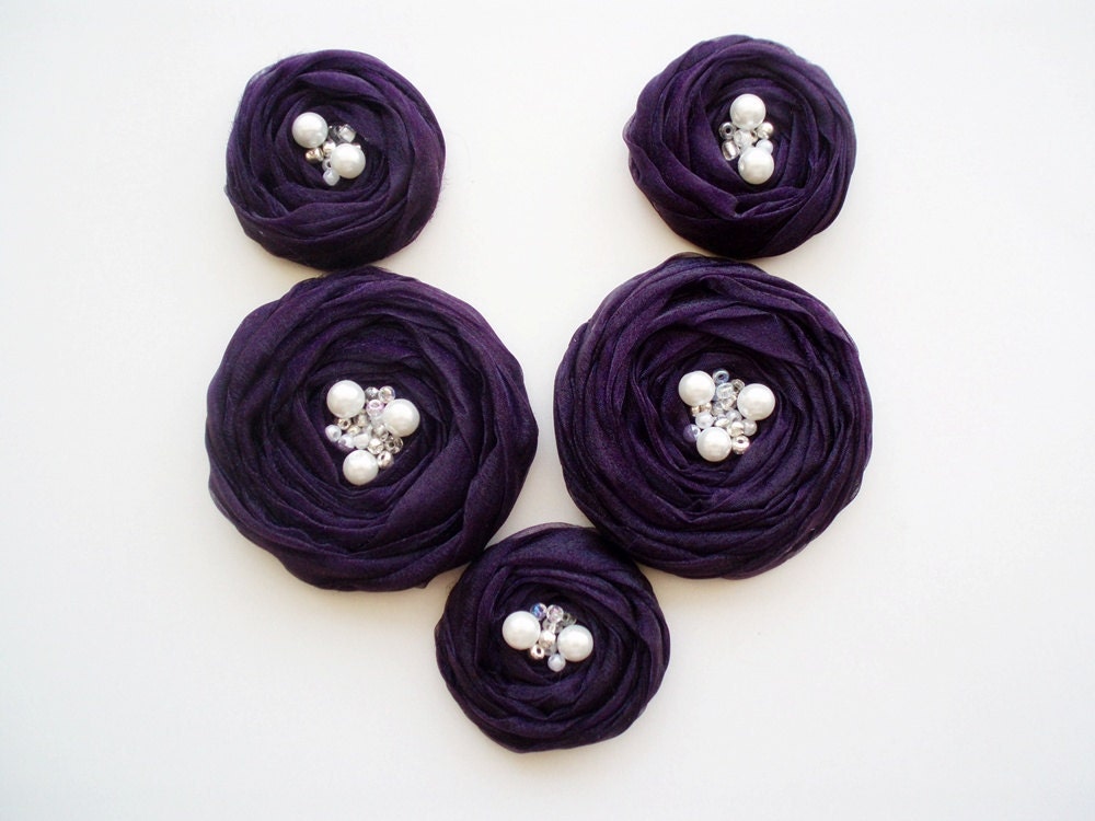 Purple Roses Handmade Appliques Embellishment 5 pcs