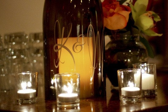 First Initials on a 1.5L Wine Bottle Hurricane Lantern- As Seen in BRIDES Magazine
