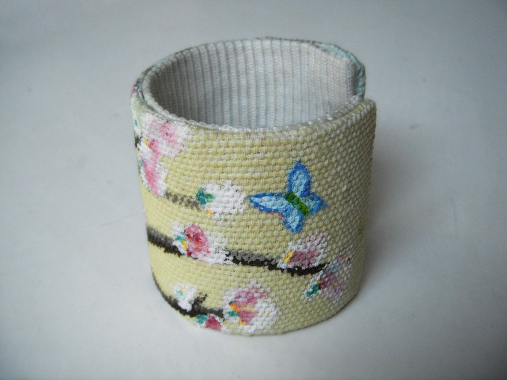 Handpainted SPRING adjustable CUFF / bracelet with Cherry Blossom and blue butterfly