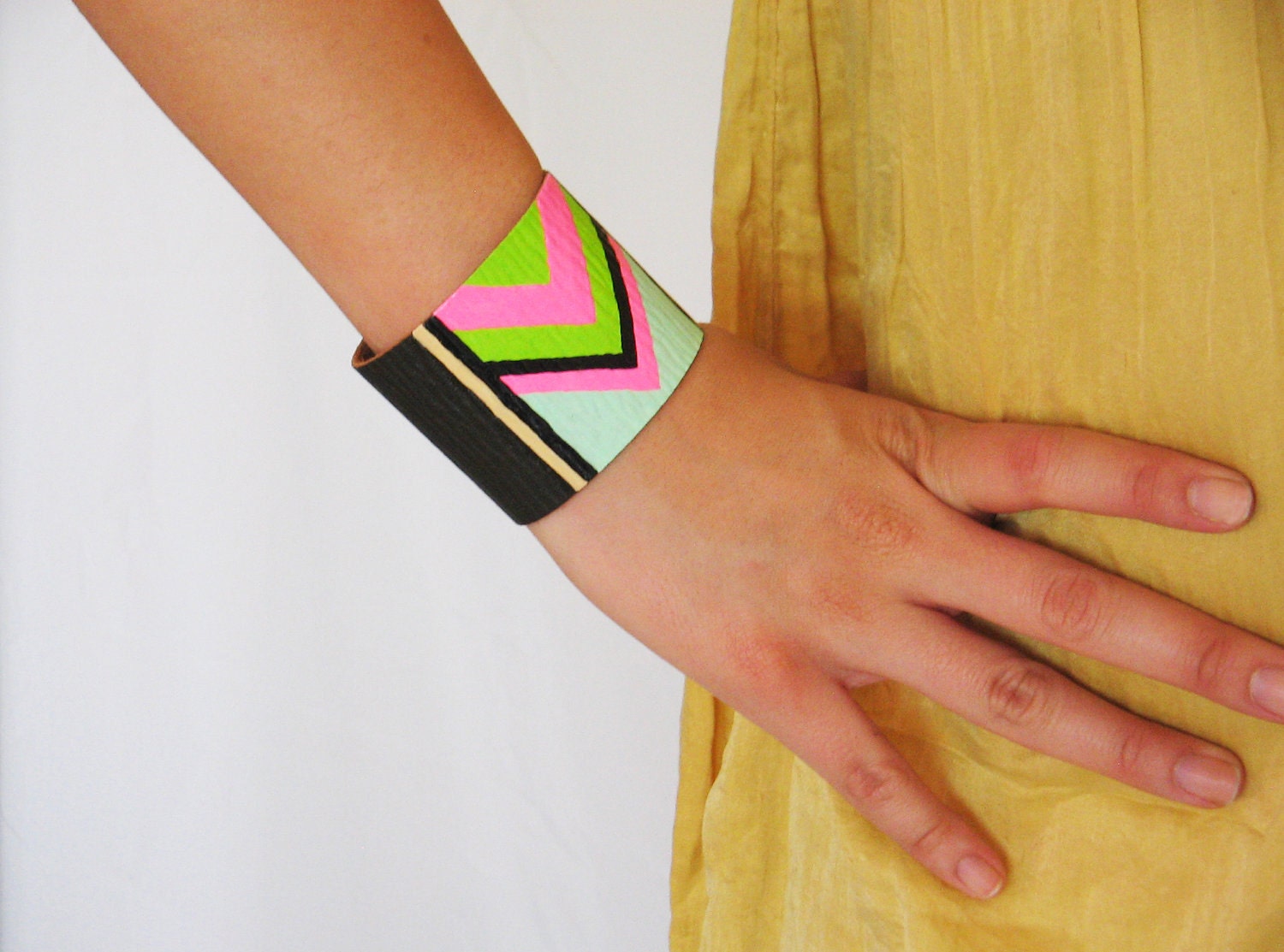 Colorful Tribal / Chevron Style / NEON (Blue, Green, Black, Pink and Beige) Leather Bracelet / Cuff