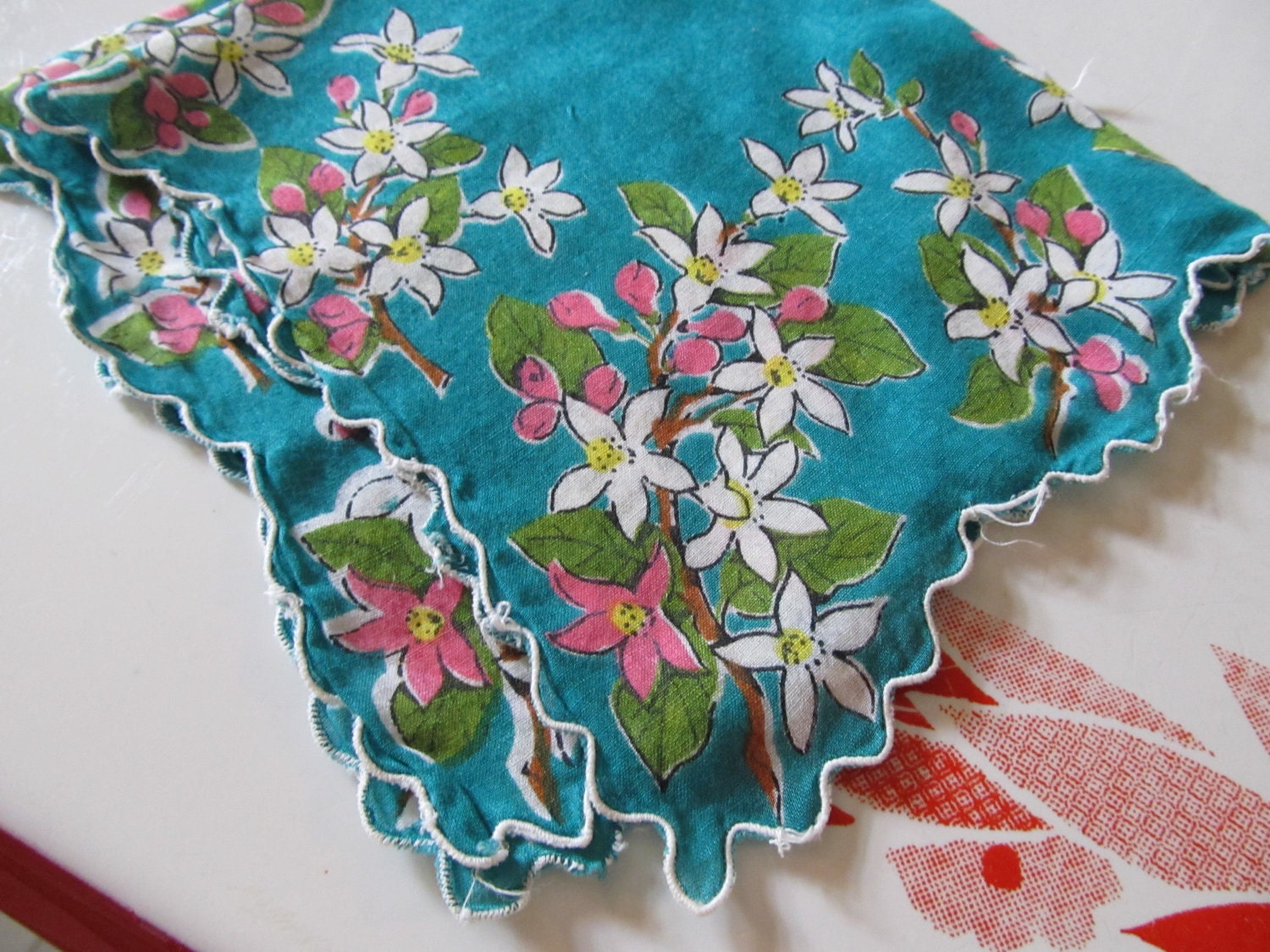 Vintage Hankie in Florals and Blue Greens