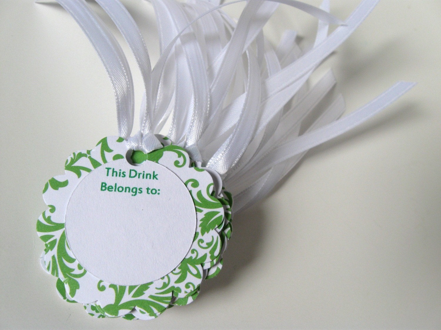 Wine Charms, Drink Glass Tags, Place Cards - Green & White Damask Set of 15, Additional Quantities Available