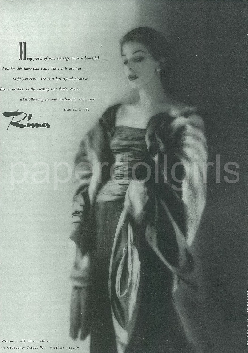 Fashion Magazine Ad, Vogue UK 1953,  Magazine Advertisement, Rimes, Evening Dress, Paper Ephemera, Wall Art