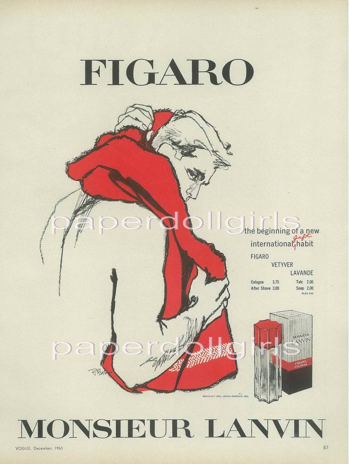 Vogue USA 1963 Magazine Advertisement Lanvin Paris Monsieur Lanvin Figaro Mens Cologne After Shave