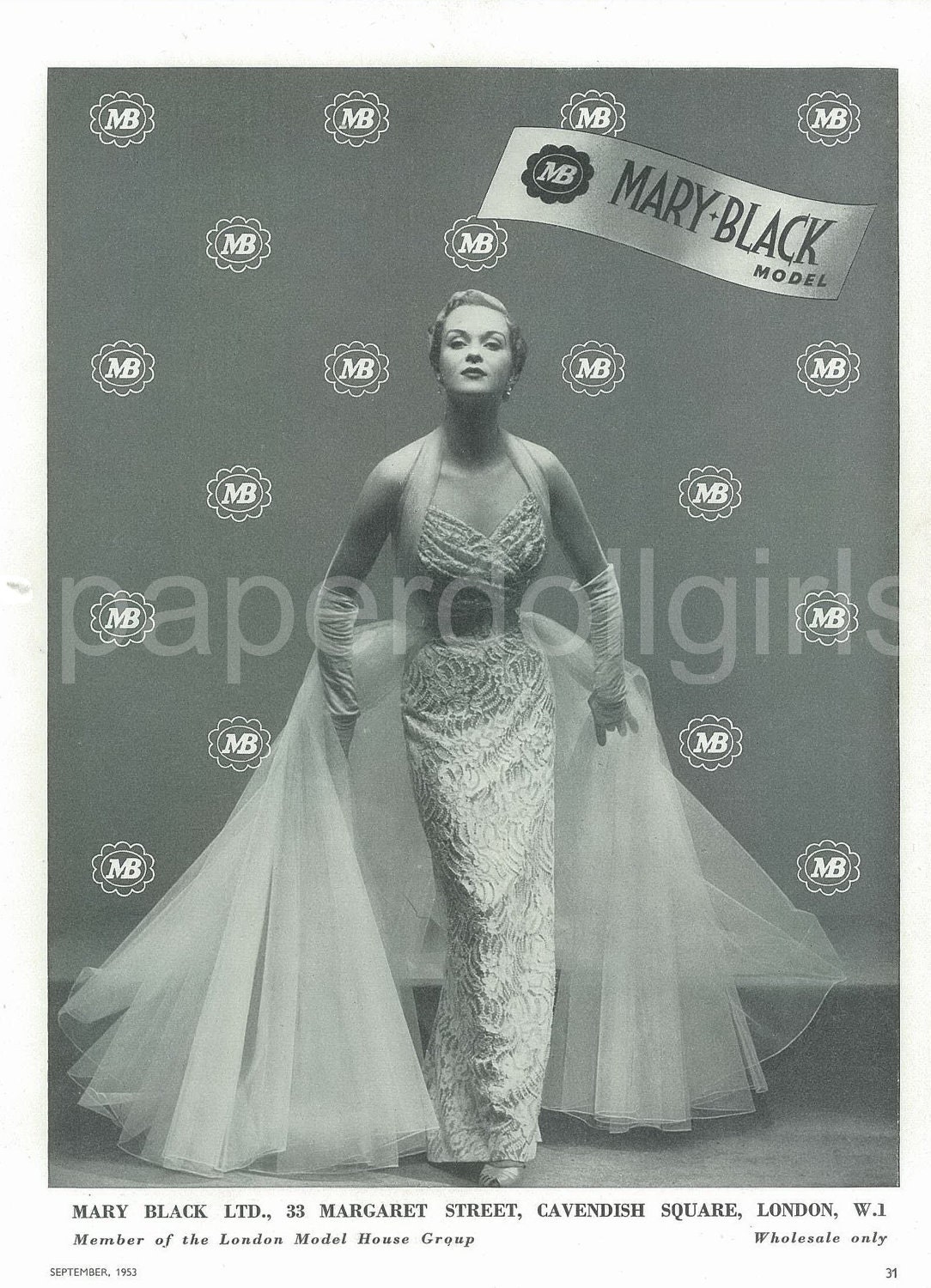 Fashion Magazine Ad, Vogue UK 1953, Mary Black, Evening Dress, Evening Gloves, Fashion Illustration, Paper Ephemera, Ad, Wall Art