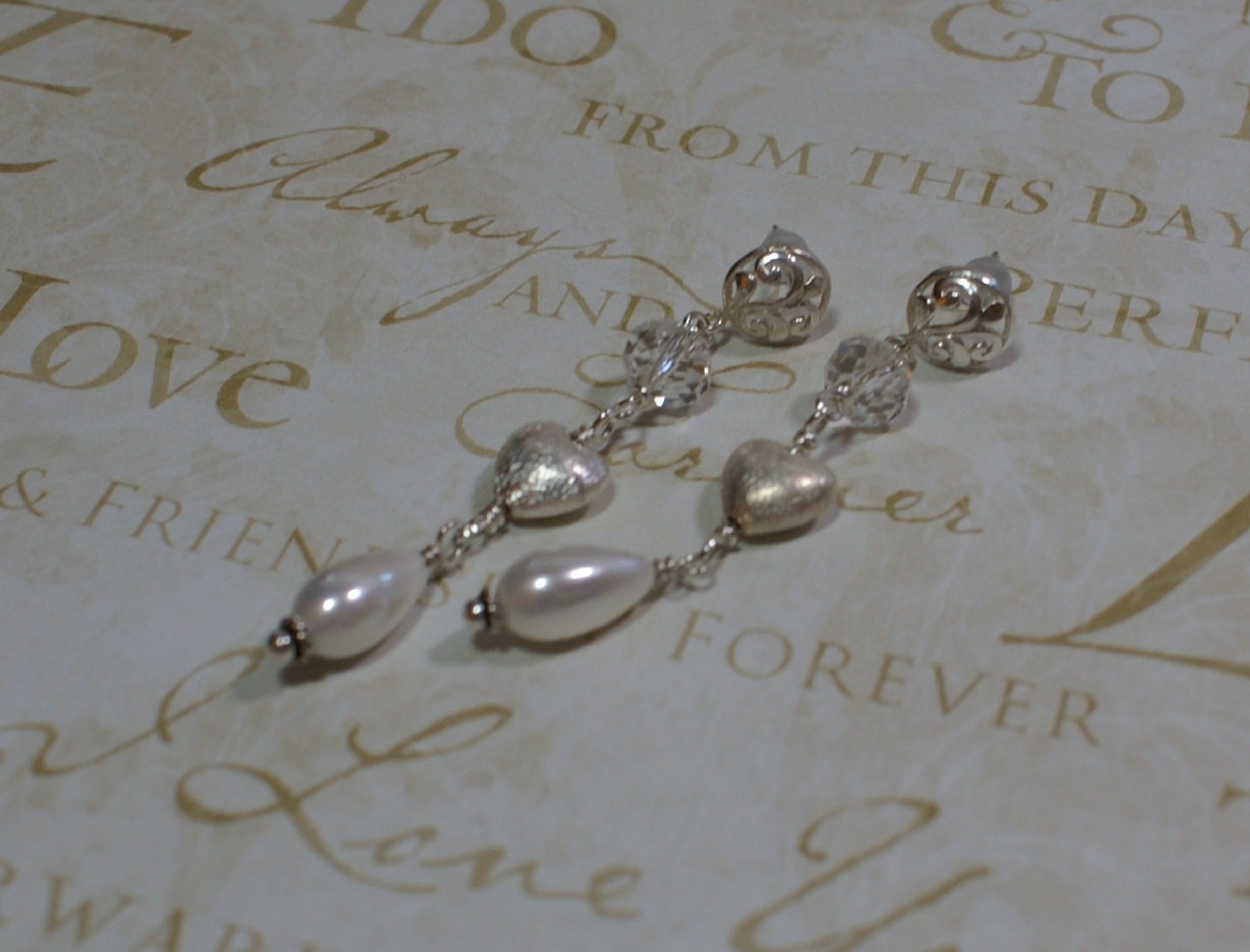 Wedding Heart Earrings - FW Pearl, Brushed Sterling Silver and Quartz Crystal Dangle Eartings