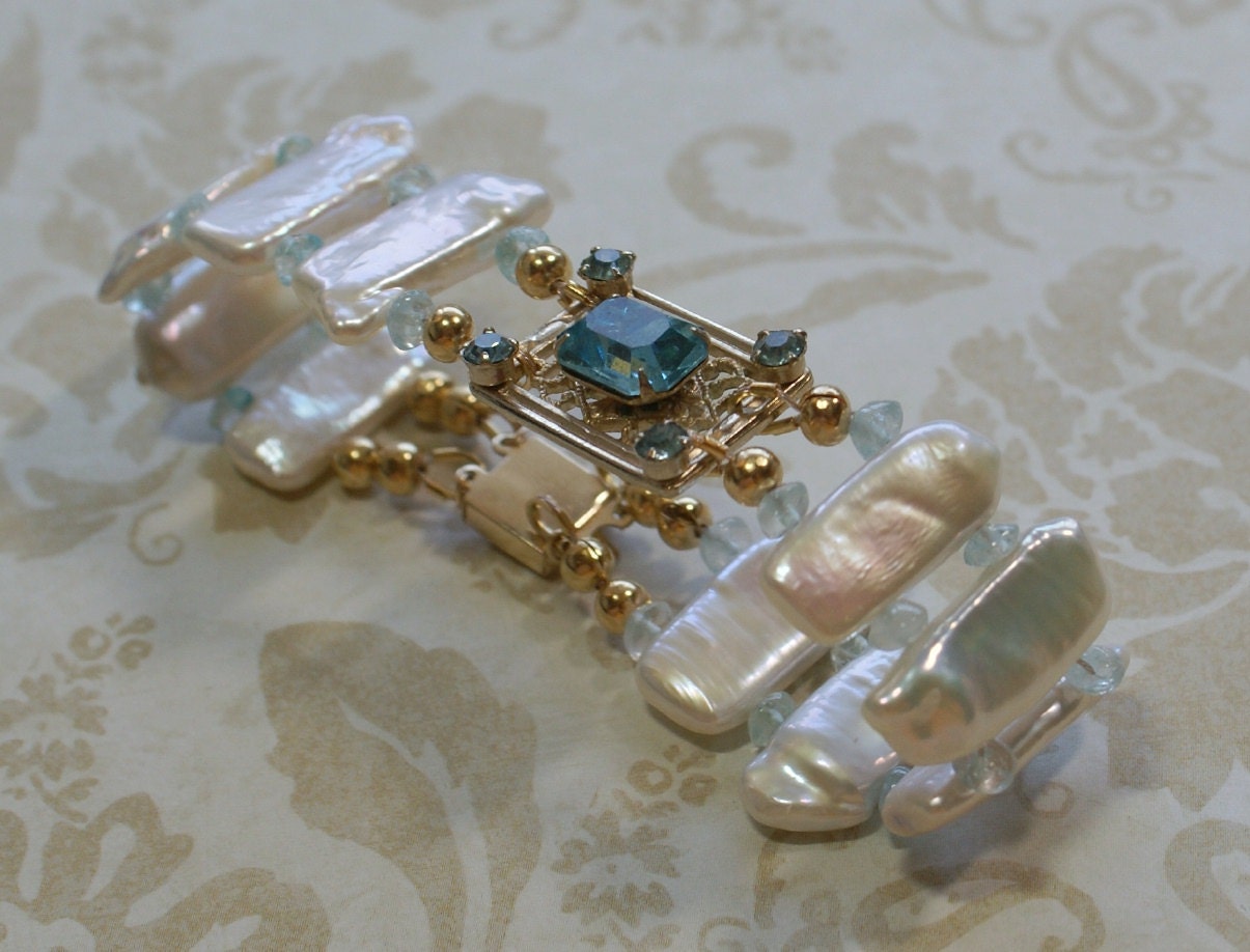 Vintage Blue Topaz and Pearl Bracelet