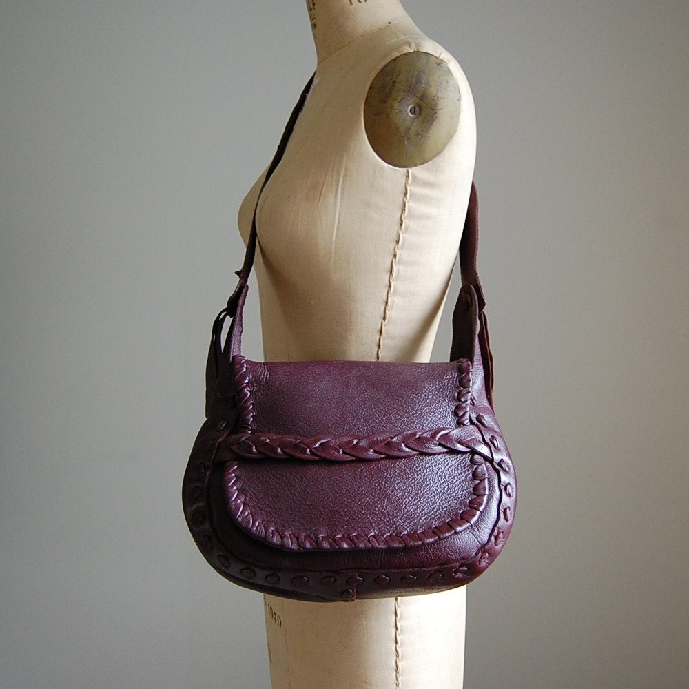 1970s OXBLOOD red braided all leather bag