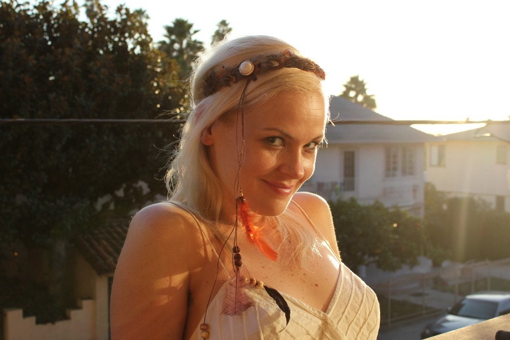 Feather Hippie Headband - Brown Suede and Dangling Beads