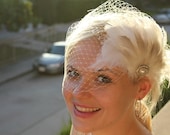 Handmade Birdcage Veil with Bridal Feather Fascinator in white or ivory with Free Groom's Pin