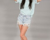 Vintage Mint Stripped Short Sleeve T-Shirt with Fan Embroidery on Pocket