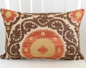 Decorative pillow cover - Lumbar pillow - Suzani pillow -  12x18 - Designer fabric - Red - Brown - Tan - Suzani