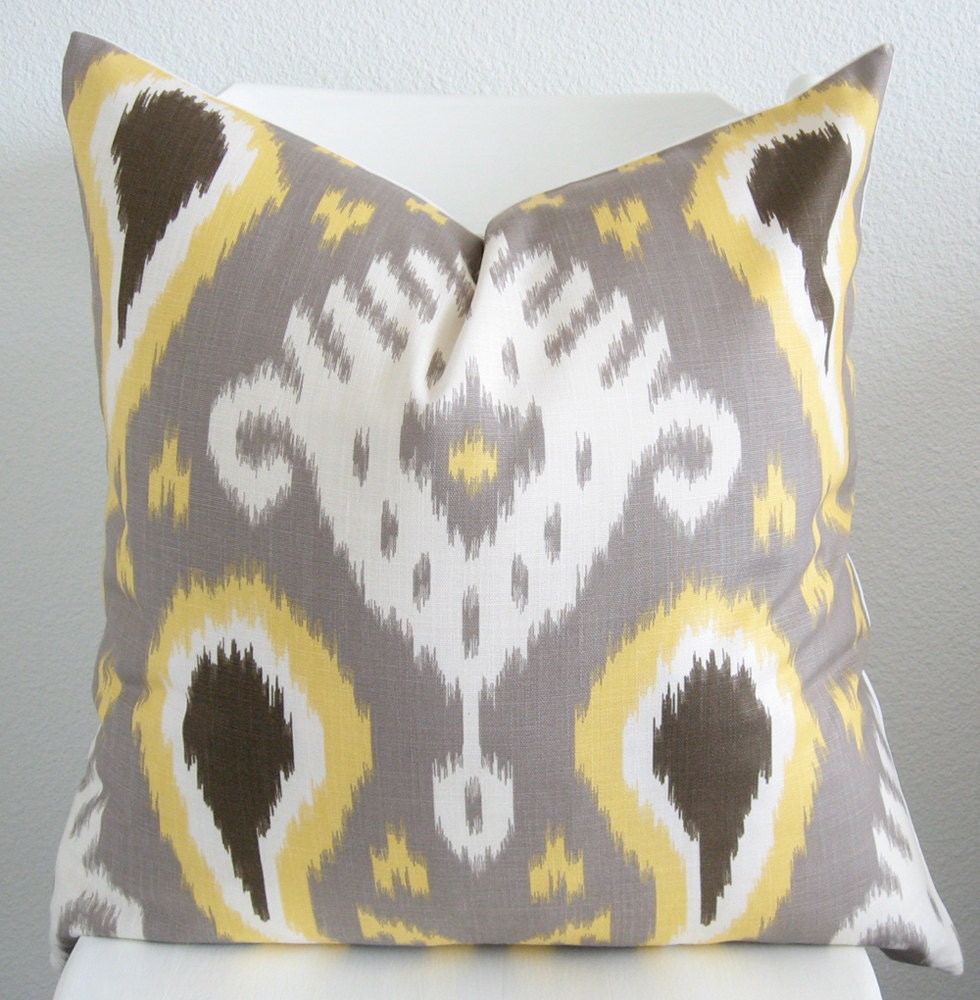 Decorative pillow cover - Throw pillow - Ikat pillow 20x20 - Batavia ikat - Gray - Yellow - Brown - White - Designer fabric