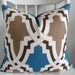 ONE new 18x18 blue, brown, ivory, geometric, modern, designer fabric, pillow cover, throw pillow, SHIPS WITHIN 24 hrs