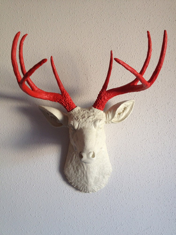 Cream & Red Deer Head Wall Mount