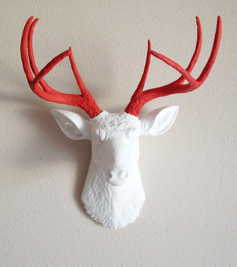 White & Red Deer Head Wall Mount