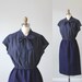 1970s Secretary Dress / Vintage Short Sleeve Navy Blue Day Dress / Polka-Dot Bow Tie
