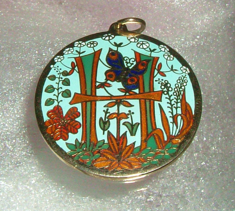 Vintage Cloisonne Pendant by Cloisart Letter H in a Garden 1970s Enamel