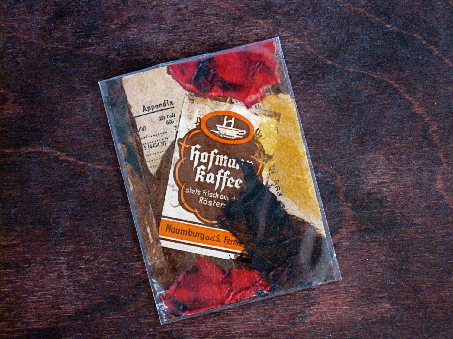 ACEO Mixed Media Collage Art Original w/ Vintage German Coffee Ad  in Orange, Red, Gold, and Brown Autumn Tones - Anarchist Cafe No. 2