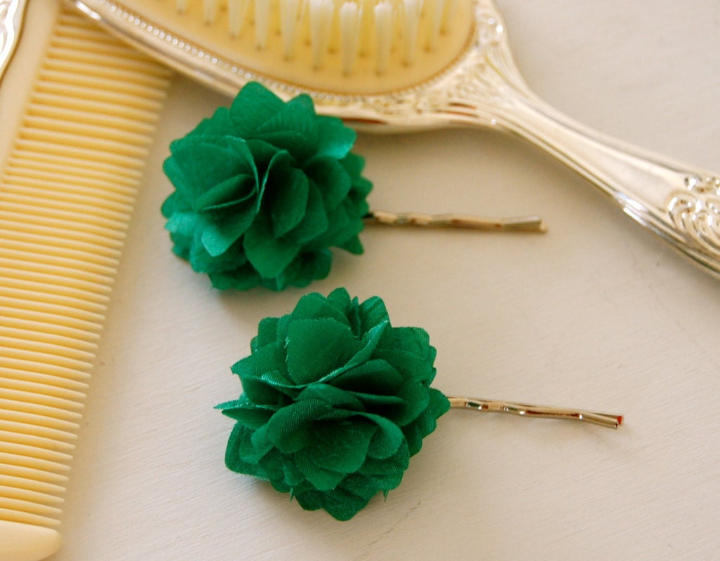 Kelly Green Fabric Flower Bobby Pins or Alligator Clips - Set of 2 for Bridal, Weddings, or Everyday Wear