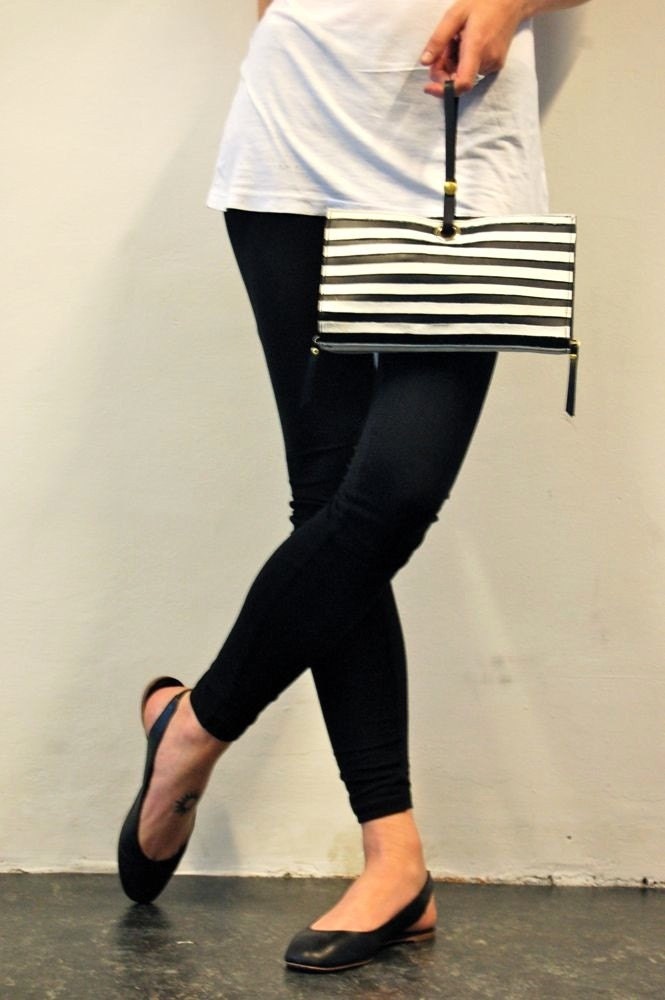 Black & White Stripes Leather Clutch Bag
