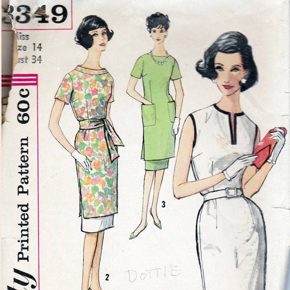 Chic Vintage 60s Slim Mod Sheath Dress Pattern With Rolled Collar Option Bust 34 Size 14 Simplicity 3349