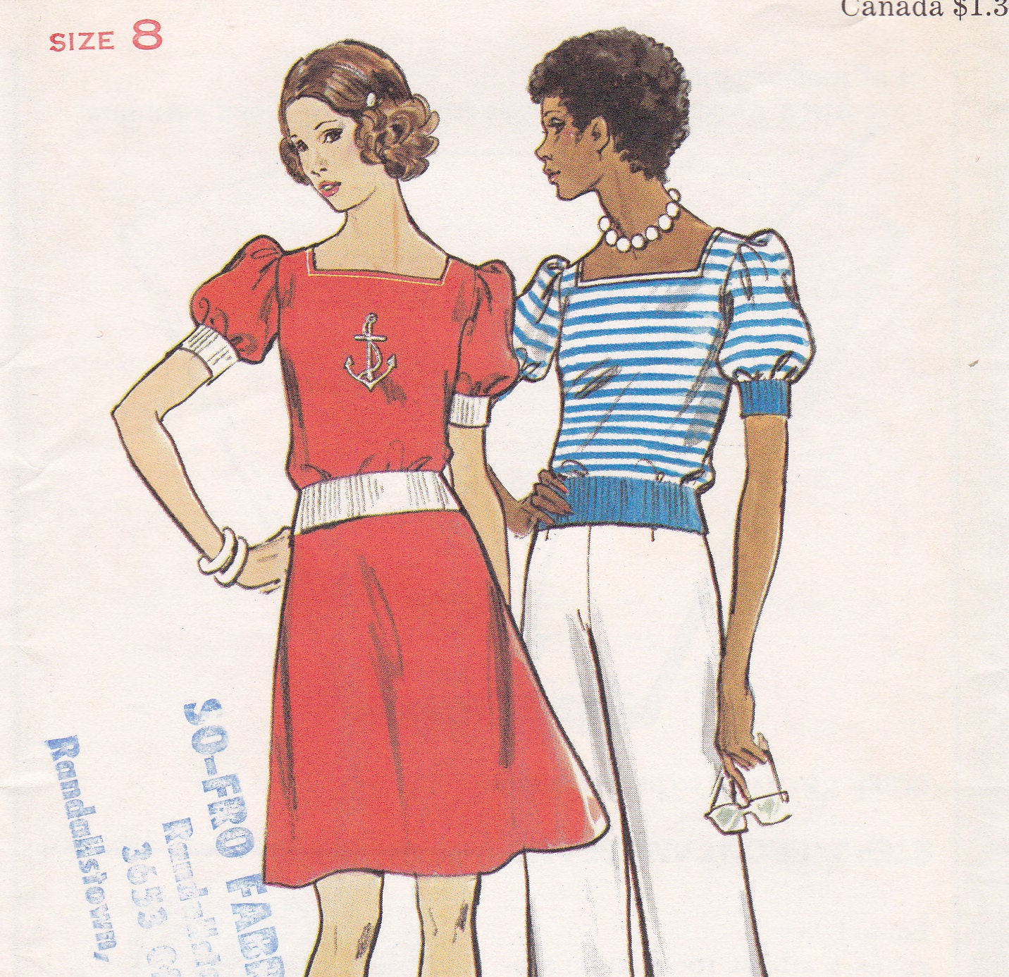 Vintage 1970s Straight Legged Pants, Skirt, and Blouson Top Sailor Nautical Butterick 3639 Size 8