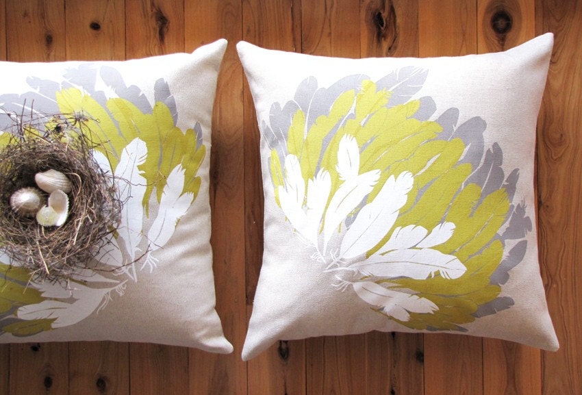 Feather Cushion Cover hand screen printed on Eco Friendly Linen - taupe, mustard, white print