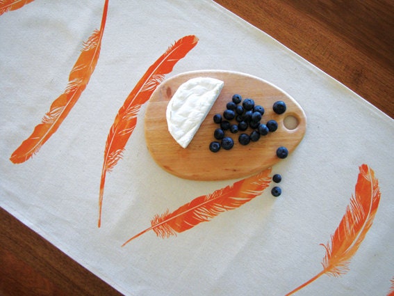 SALE Tangerine Table Runner Floaty Feathers 1.8m 71inch hand screen printed on Eco Friendly hemp organic cotton