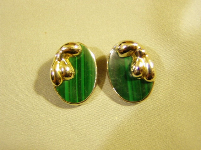 Vintage 1980s Ture Sterling Silver Malachite Stone Clip Earrings 1131