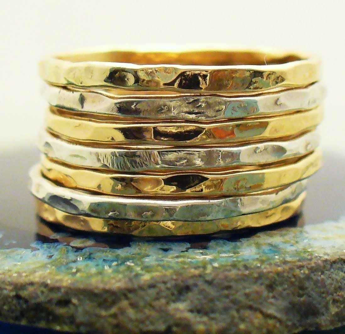 Hammered Sterling Silver 12 kt Gold Filled 7 Band Stack Ring Set