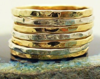 Hammered Sterling Silver 12 kt Gold Filled 7 Band Stack Ring Set