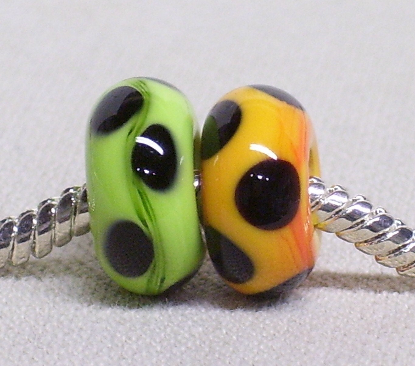 Glass Handmade Lampwork Beads Set of 2 Halloween Colors Orange and Green with Black Dots