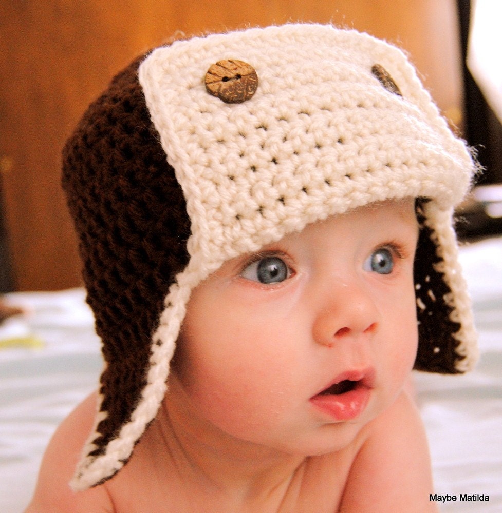 SALE Crochet Baby Bomber Aviator Hat Chocolate Brown with Cream Flap 3 to 6 Month Size Ready to Ship