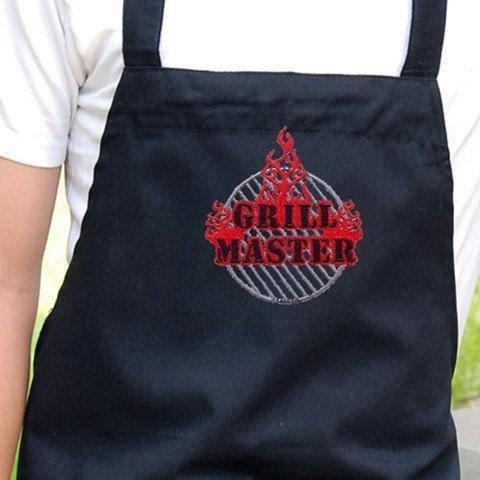 Mens Grilling Apron , Chef Bib Apron with Pockets Embroidered with Grill Master Optional Personalization Available