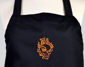 Mens Grilling Apron , Chef Bib Apron with Pockets Embroidered Flaming Skull Optional Personalization Available