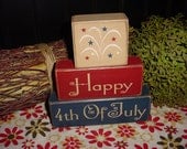 HAPPY 4TH OF JULY Fireworks Watermelon Holiday Seasonal Summer  Wood Sign Shelf Blocks Primitive Country Rustic Home Decor Gift