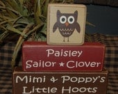 Our Little Hoots Owl PERSONALIZED Nana's Grandma's Grandpa's Papa's Grandchildren Names Wood Sign Shelf Blocks Primitive Country Rustic